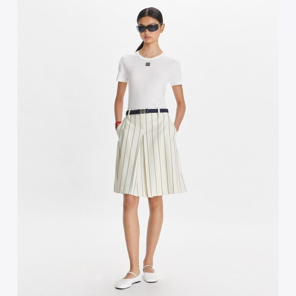 Tory Burch Wool Performance Pleated Golf Mini Skirt New Ivory Light Stripe 2 - Picture 1 of 8